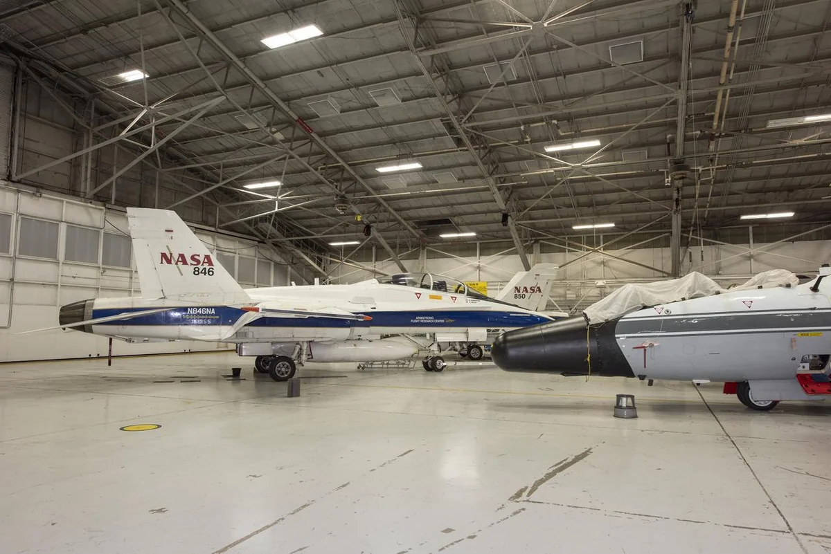 F/A-18 research aircraft inside an aerospace hangar